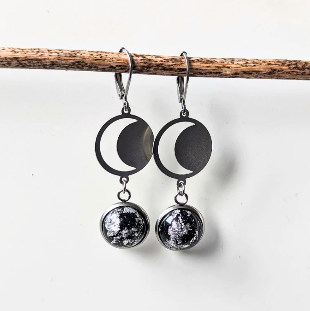 Boucles d'oreilles - Cybelle noir & feuille d'argent