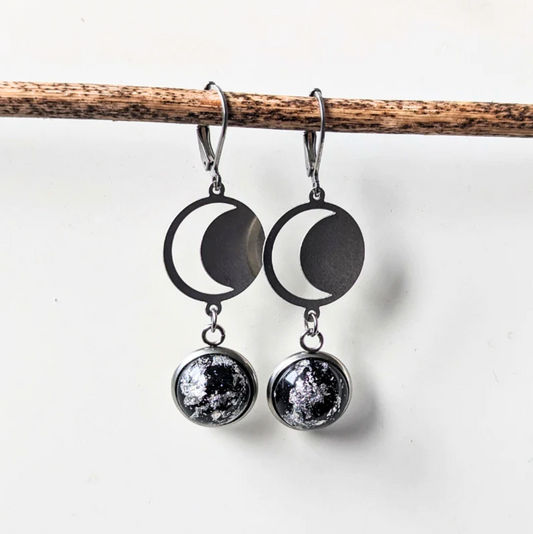 Boucles d'oreilles - Cybelle noir & feuille d'argent