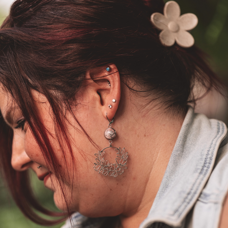 Boucles d'oreilles - Mélianne rose pastel et feuille d'argent